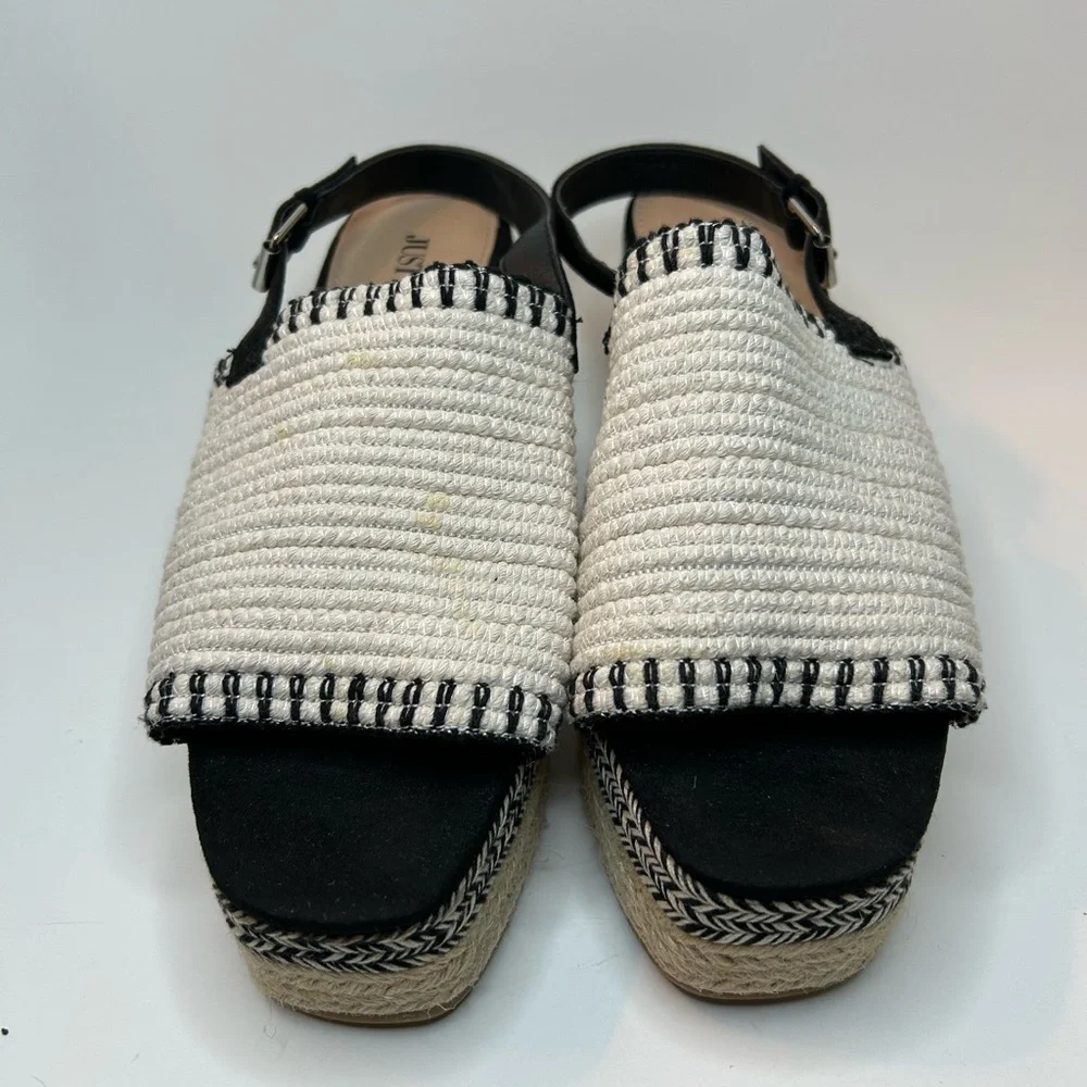 Just Fab Espadrille Woven Black & Cream Open Toe Platform Wedge Size 9